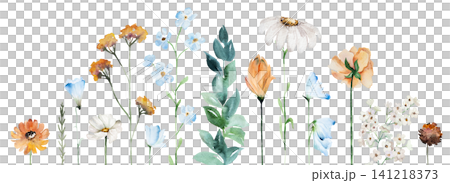Watercolor border with blue, ivory and orange wildflowers, illustration for wedding stationery Watercolor border with blue, ivory and orange wildflowers, illustration for wedding stationery 141218373