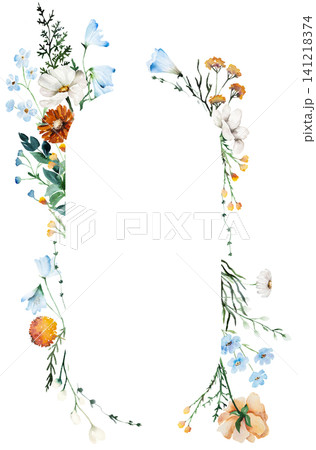 Watercolor oval frame with blue, ivory and orange wildflowers, illustration for wedding stationery 141218374