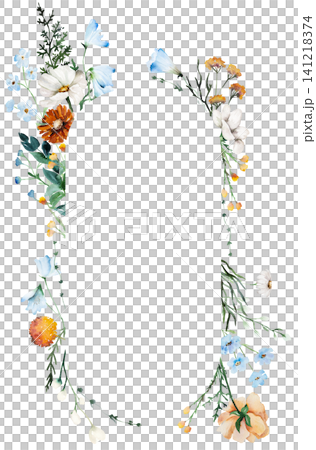 Watercolor oval frame with blue, ivory and orange wildflowers, illustration for wedding stationery Watercolor oval frame with blue, ivory and orange wildflowers, illustration for wedding stationery 141218374