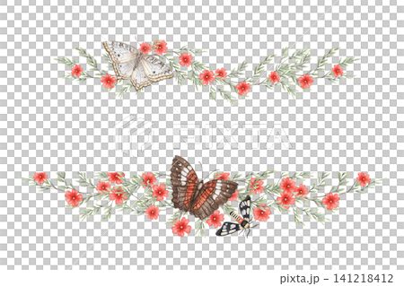 White and red butterflies with summer wild flower text divider. Hand drawn watercolor frame with copy space. Floral design for wedding greeting card. Tropical botanical template for vintage poster. White and red butterflies with summer wild flower text divider. Hand drawn watercolor frame with copy space. Floral design for wedding greeting card. Tropical botanical template for vintage poster. 141218412