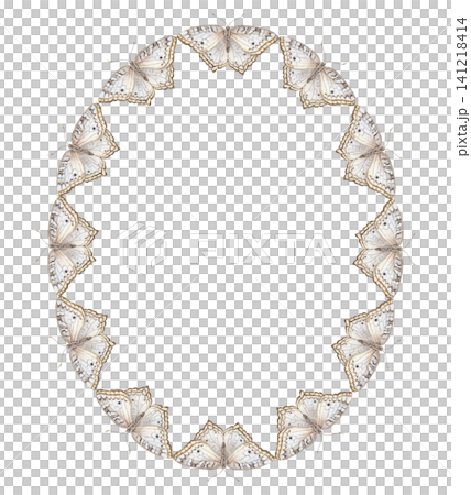 White Peacock butterfly oval frame. Hand drawn watercolor Anartia amathea insect with flying wings around ellipse copy space. Decorative wreath for wedding greeting card. Tropical botanical template. White Peacock butterfly oval frame. Hand drawn watercolor Anartia amathea insect with flying wings around ellipse copy space. Decorative wreath for wedding greeting card. Tropical botanical template. 141218414