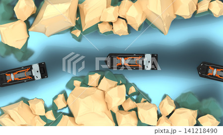 Oil tankers moving one by one through a narrow strait between rocks, flat high-angle view, 3D render Oil tankers moving one by one through a narrow strait between rocks, flat high-angle view, 3D render 141218490