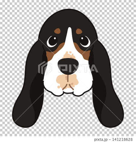 A simple and cute illustration of a tricolor Basset Hound's face, with outlines. A simple and cute illustration of a tricolor Basset Hound's face, with outlines. 141218628