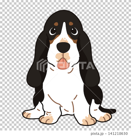 前を向いてお座りするシンプルで可愛いトライカラーのバセットハウンドのイラスト 主線あり 前を向いてお座りするシンプルで可愛いトライカラーのバセットハウンドのイラスト 主線あり 141218630