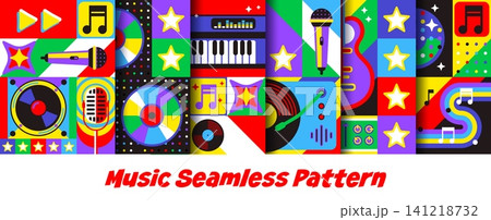 Musical seamless patterns with geometric mosaic ornament. Music tile backgrounds with microphones, vinyl records, CDs and guitars, piano keys, speakers and musical notes for upbeat retro pop rhythm Musical seamless patterns with geometric mosaic ornament. Music tile backgrounds with microphones, vinyl records, CDs and guitars, piano keys, speakers and musical notes for upbeat retro pop rhythm 141218732