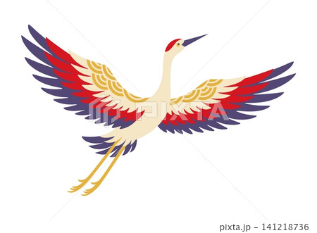 Japanese crane bird, New Year holiday symbol of Japan cartoon character. Red crowned crane or Tancho bird flying with spread wings in Asian ornament for Japanese New Year decoration and Oshogatsu Japanese crane bird, New Year holiday symbol of Japan cartoon character. Red crowned crane or Tancho bird flying with spread wings in Asian ornament for Japanese New Year decoration and Oshogatsu 141218736