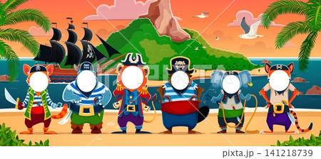 Animal pirates and corsairs photo booth frame cutout face holes, children photobooth. Tiger, koala, beaver, lion, hippo and cat sailor characters on tropical island beach with ship and palm trees Animal pirates and corsairs photo booth frame cutout face holes, children photobooth. Tiger, koala, beaver, lion, hippo and cat sailor characters on tropical island beach with ship and palm trees 141218739