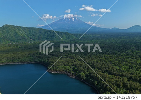 山梨県西湖と富士山を望む新緑の森を俯瞰した空撮写真 山梨県西湖と富士山を望む新緑の森を俯瞰した空撮写真 141218757