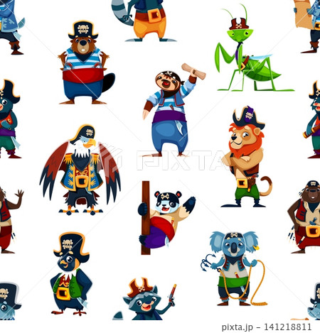 Animal and bird pirate characters seamless pattern with lion and raccoon, panda, koala and eagle, beaver and mantis. Vector tile background with cartoon corsairs wearing tricorn captain hats and props 141218811