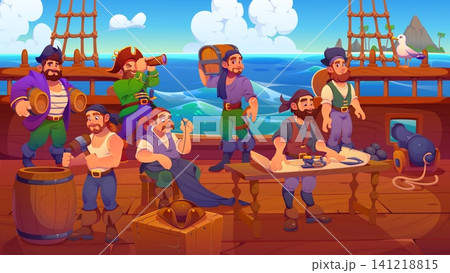 Cartoon pirate crew characters on wooden ship deck. Friendly captain with spyglass, sailor carrying treasure chest and navigator studying map for mobile game backgrounds and kid book illustrations Cartoon pirate crew characters on wooden ship deck. Friendly captain with spyglass, sailor carrying treasure chest and navigator studying map for mobile game backgrounds and kid book illustrations 141218815