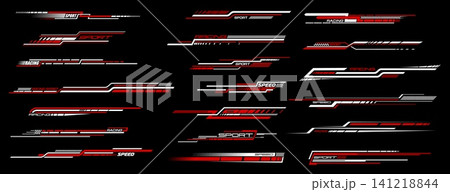 Race car decal and stickers, racing sport labels, motorsport emblems. Vector arrows, checkered flags and stripes. Rally car, team uniform, motorsport decal elements. Red white stickers for motorcycle 141218844