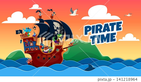 Papercut pirate banner with sail ship and animal corsairs crew aboard a pirate ship sailing toward a tropical island. Cartoon cute octopus, crocodile, elephant, giraffe and crab in nautical adventure Papercut pirate banner with sail ship and animal corsairs crew aboard a pirate ship sailing toward a tropical island. Cartoon cute octopus, crocodile, elephant, giraffe and crab in nautical adventure 141218964