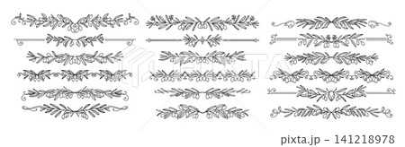 Olive decorative dividers, border frames and separators set. Olive tree branches with leaves and fruits, plant vines with flowers for ornate text dividers and frame border lines, nature decorations Olive decorative dividers, border frames and separators set. Olive tree branches with leaves and fruits, plant vines with flowers for ornate text dividers and frame border lines, nature decorations 141218978
