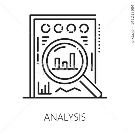 Business data analysis and inspection line icon or pictogram. Regulation control symbol, product quality inspection vector sign. Standards certification outline icon with magnifying glass and diagrams Business data analysis and inspection line icon or pictogram. Regulation control symbol, product quality inspection vector sign. Standards certification outline icon with magnifying glass and diagrams 141218984