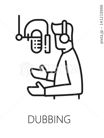 Voice dubbing sound record line icon or sign. Movie sound design production pictogram, voice dubbing and mixing vector sign. Audio record mastering icon with man voice actor in front of microphone Voice dubbing sound record line icon or sign. Movie sound design production pictogram, voice dubbing and mixing vector sign. Audio record mastering icon with man voice actor in front of microphone 141218986