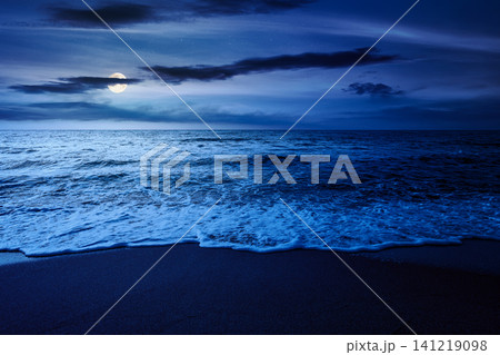 black sea landscape in summer at night. full moon over bulgaria nature landscape with sandy beach. mysterious summer vacation at the sea shore concept. waves and empty beach. remote vacation scene 141219098