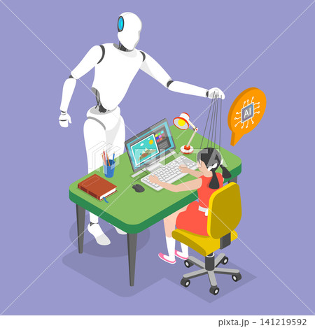 3D Isometric Flat Vector Illustration of AI Dangerous For Children, A kid Interacts With Chatbot, Mind Controlled By Robot 3D Isometric Flat Vector Illustration of AI Dangerous For Children, A kid Interacts With Chatbot, Mind Controlled By Robot 141219592