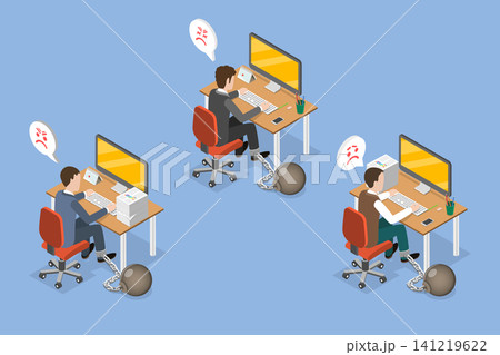 3D Isometric Flat Vector Illustration of Labor Exploitation, Businessmen Chained To Computers In Iron Balls 3D Isometric Flat Vector Illustration of Labor Exploitation, Businessmen Chained To Computers In Iron Balls 141219622
