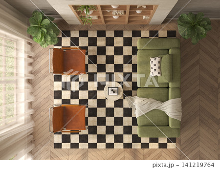 Mid century style conceptual dopamine interior room top view Mid century style conceptual dopamine interior room top view 141219764