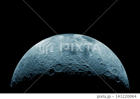 Moon dominates dark sky, detailed craters visible. Surface shows gray and blue tones. Elements of this image furnished by NASA Moon dominates dark sky, detailed craters visible. Surface shows gray and blue tones. Elements of this image furnished by NASA 141220064