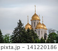 Volgograd, Russia - 05.23.2023 Iconic religious building with golden onion domes, lush greenery, and dramatic overcast lighting 141220186