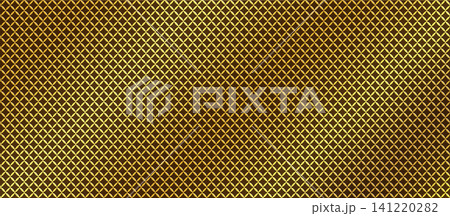 Realistic perforated metal panel with diamond shaped openings and elegant golden details. Brushed steel mesh texture featuring a geometric industrial pattern isolated on white background. 141220282