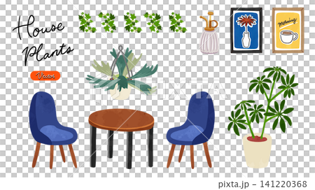Interior set of round table, chairs, and houseplants - watercolor-style hand-drawn vector illustration Interior set of round table, chairs, and houseplants - watercolor-style hand-drawn vector illustration 141220368