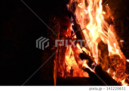 fire flames with sparks on a black background, close-up fire flames with sparks on a black background, close-up 141220631