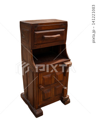 This piece features a small cabinet made of dark wood. It has one drawer and a single door. The cabinet is isolated against a plain white background for clear display. This piece features a small cabinet made of dark wood. It has one drawer and a single door. The cabinet is isolated against a plain white background for clear display. 141221083