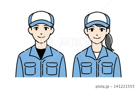 帽子とつなぎ作業服を着た若い男女のイラストセット 帽子とつなぎ作業服を着た若い男女のイラストセット 141221555