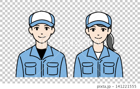 帽子とつなぎ作業服を着た若い男女のイラストセット 帽子とつなぎ作業服を着た若い男女のイラストセット 141221555