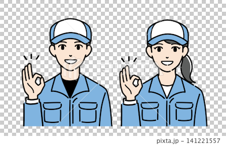 オッケーサインをする帽子と作業服を着た若い男女のイラストセット オッケーサインをする帽子と作業服を着た若い男女のイラストセット 141221557