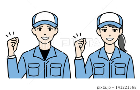 ガッツポーズをする帽子と作業服を着た若い男女のイラストセット ガッツポーズをする帽子と作業服を着た若い男女のイラストセット 141221568