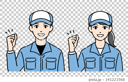 ガッツポーズをする帽子と作業服を着た若い男女のイラストセット ガッツポーズをする帽子と作業服を着た若い男女のイラストセット 141221568