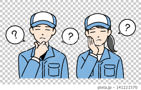 A set of illustrations of a young man and woman wearing hats and work clothes, looking troubled. A set of illustrations of a young man and woman wearing hats and work clothes, looking troubled. 141221570