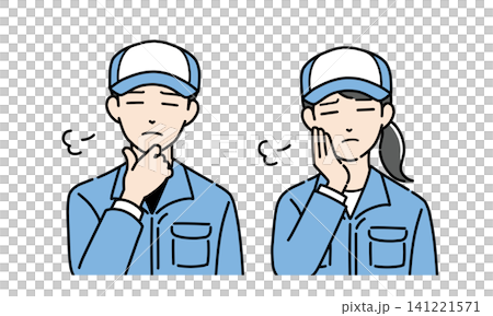 ため息をつく帽子と作業服を着た若い男女のイラストセット ため息をつく帽子と作業服を着た若い男女のイラストセット 141221571