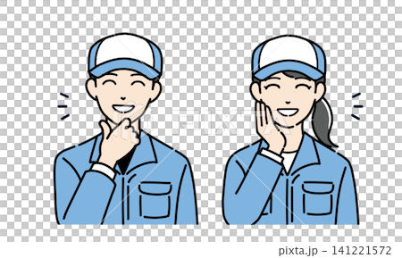A set of illustrations of young men and women in white hats and work clothes, smiling and showing interest. A set of illustrations of young men and women in white hats and work clothes, smiling and showing interest. 141221572
