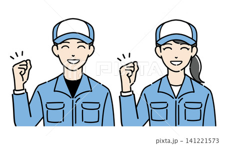 笑顔でガッツポーズをする帽子と作業服を着た若い男女のイラストセット 笑顔でガッツポーズをする帽子と作業服を着た若い男女のイラストセット 141221573
