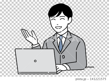 A monochrome illustration of a young man in a suit explaining something while looking at a computer screen. A monochrome illustration of a young man in a suit explaining something while looking at a computer screen. 141221575