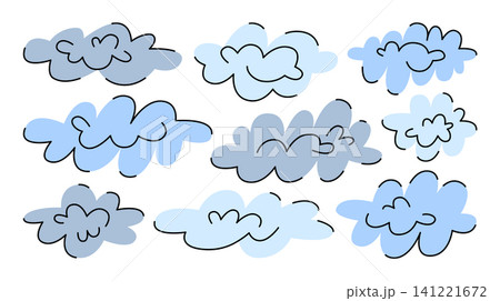 Hand drawn collection of vector clouds and bubbles, abstract shapes in blue shades. Water vapor, cotton wool, fluff and cloud. Rain clouds, cloudy weather, storm. Simple illustrations with outlines. Hand drawn collection of vector clouds and bubbles, abstract shapes in blue shades. Water vapor, cotton wool, fluff and cloud. Rain clouds, cloudy weather, storm. Simple illustrations with outlines. 141221672