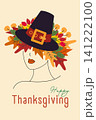 Stylized seasonal portrait of a faceless woman in pilgrim hat and colorful autumn leaves and berries, headdress and a handwritten Happy Thanksgiving. Good for greeting cards, posts or print materials 141222100
