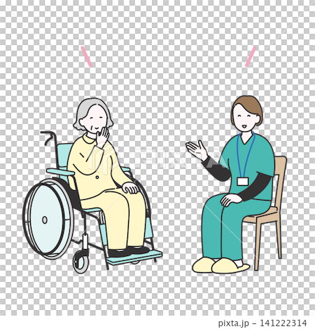 車椅子の高齢者女性と笑顔で面談をする介護スタッフのイラスト素材 車椅子の高齢者女性と笑顔で面談をする介護スタッフのイラスト素材 141222314