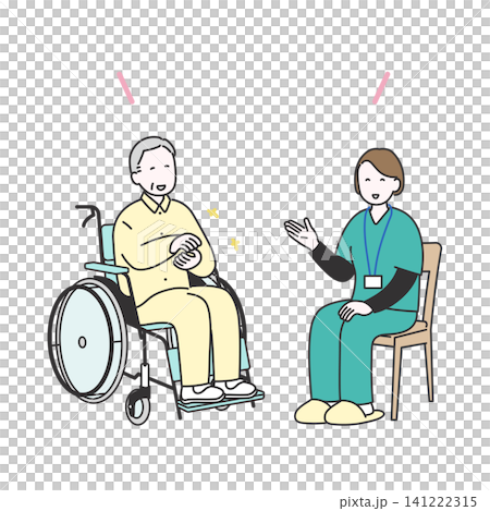 An illustration of a caregiver smiling and chatting with an elderly man in a wheelchair. 141222315