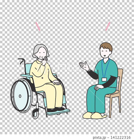An illustration of an elderly woman in a wheelchair happily chatting with her care manager and caregiver. An illustration of an elderly woman in a wheelchair happily chatting with her care manager and caregiver. 141222316