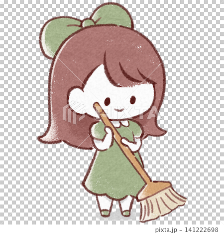ほうきで掃除をする女の子 141222698