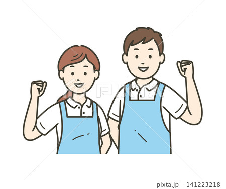 ガッツポーズをする介護士男女の上半身イラスト 141223218
