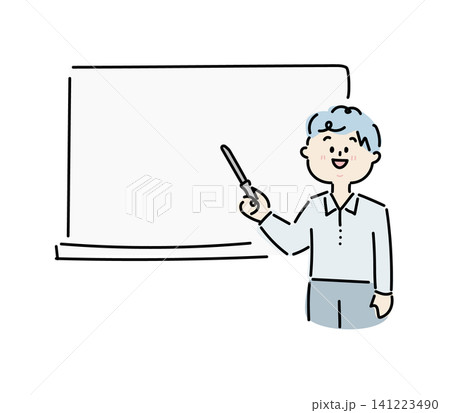 ホワイトボードを指し示して説明するビジネスマンの手描き風ゆるかわイラスト ホワイトボードを指し示して説明するビジネスマンの手描き風ゆるかわイラスト 141223490