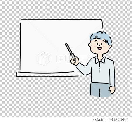 ホワイトボードを指し示して説明するビジネスマンの手描き風ゆるかわイラスト ホワイトボードを指し示して説明するビジネスマンの手描き風ゆるかわイラスト 141223490