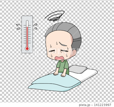 暑さで眠れない高齢男性のイラスト 141223997