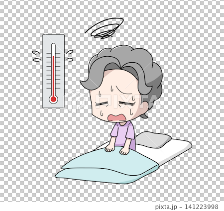 老婦人因天氣炎熱而無法入睡的插圖。 老婦人因天氣炎熱而無法入睡的插圖。 141223998